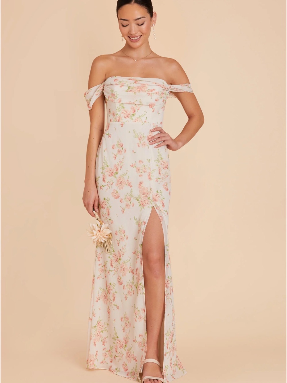 Off-Shoulder Floral Maxi Dress in Cream and Pink